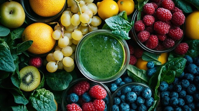 Green smoothie in a glass jar with fresh fruits and spinach, symbolizing health, wellness, and vibrant eating, perfect for fitness campaigns, health blogs, and wellness products.