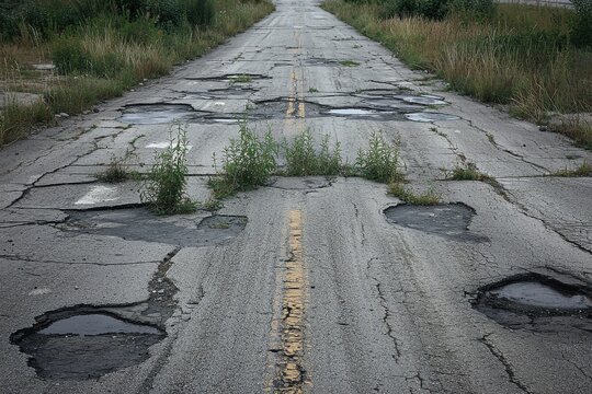 Dilapidated asphalt road with potholes, cracks, and weeds, stretching into the distance under a cloudy sky, emphasizing disrepair and abandonment in the countryside.