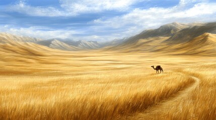 Obraz premium Solitary camel walking through golden grasslands vast mountain range landscape photography serene nature scene