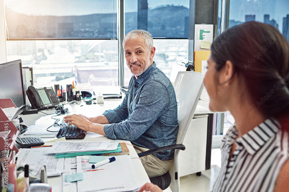 Poster Man, woman and computer with smile in office, startup and typing with paperwork for admin at media company. People, pc and project management for review, feedback and discussion at creative agency