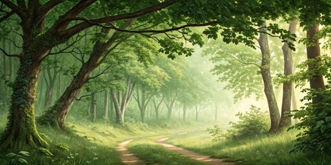 Fototapeta premium Misty Forest Path Digital Painting, Lush Green Canopy, Winding Road, Nature Scene, Fantasy Landscape. Nature Photography, Digital Art