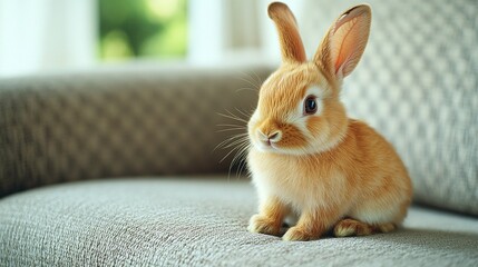 Fototapeta na wymiar sweet little bunny with soft fur sitting indoors on a sofa looking cute and relaxed as a domestic pet enjoying a peaceful moment in a cozy home