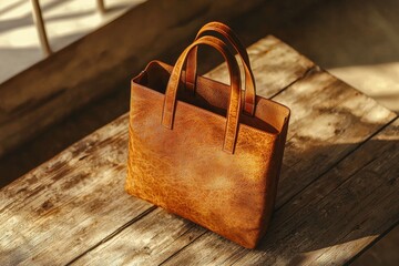 A classic brown leather tote bag displayed on a rustic wooden table, capturing the essence of timeless style, craftsmanship, and natural beauty, highlighting the bag's texture.