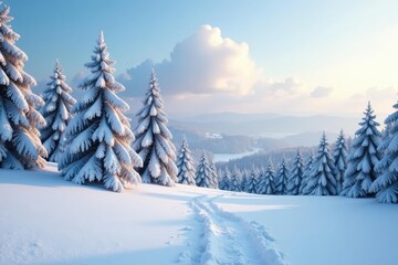 Fototapeta premium A blanket of snow covers the landscape with snow-covered fir trees in the distance, peaceful, serene, fir