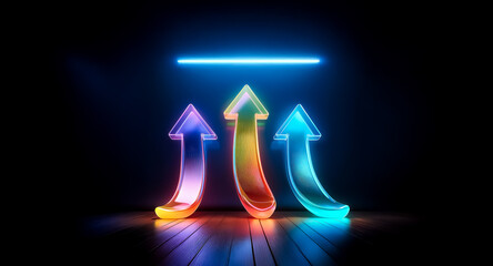 Three luminous arrows in vibrant gradient colors point upwards under a bright horizontal blue neon line against a dark backdrop, creating a modern, glowing, and dynamic composition.