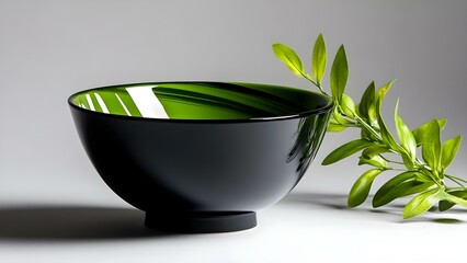 A sleek, modern bowl with a black exterior and a green interior, accompanied by a branch with green leaves. Concept Sleek Modern Design, Black and Green Color Scheme, Elegant Tableware