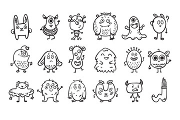 Obraz premium Monster alien doodle set, funny and cutes monster, hand drawn cartoon line monsters.