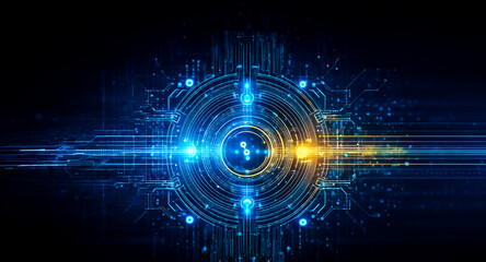 Abstract tech design featuring a luminous blue and yellow circular element against a dark backdrop.  It evokes a sense of modern technology and digital connectivity.