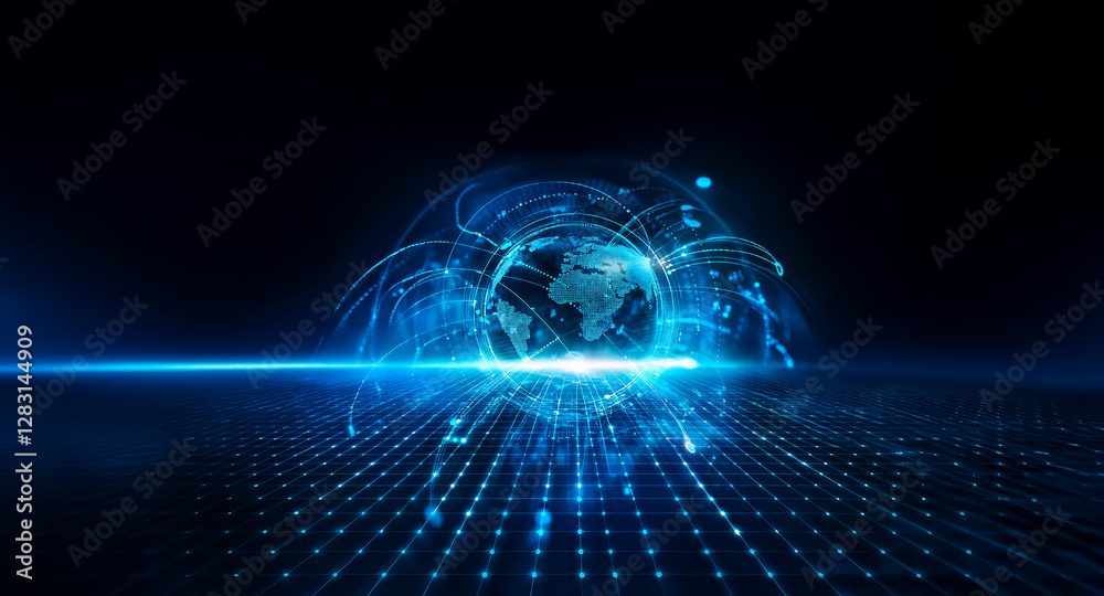 Poster a blue globe with glowing lines and dots is centered against a dark backdrop. digital binary code st