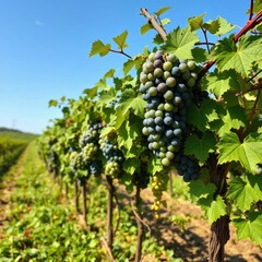 Fototapeta premium A grapevine with green grapes and leaves in a field, vine, landscape, botanical
