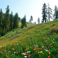Obraz premium A hillside with a meadow full of colorful wildflowers and tall trees, greenery,