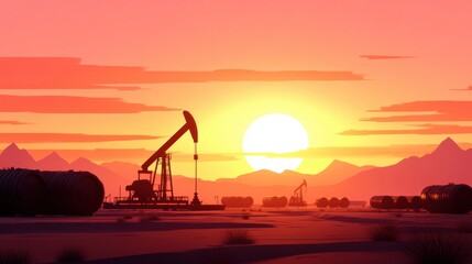 Oil field at sunset, featuring silhouetted pump jacks and storage tanks against a warm, gradient sky