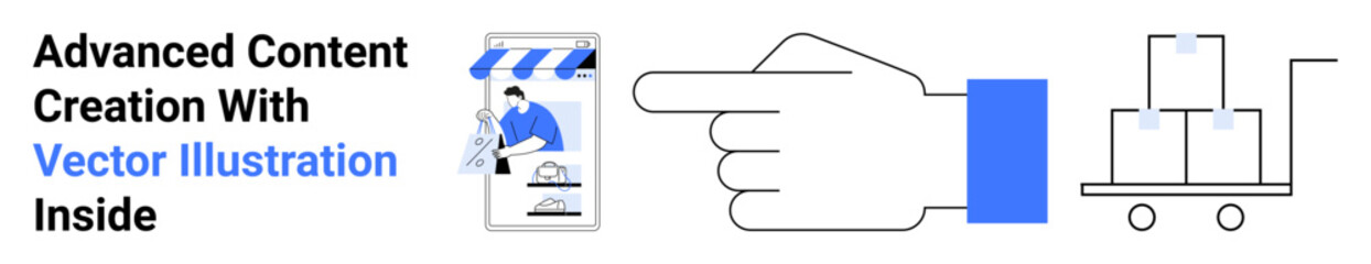 Hand pointing at a storefront graphic and a cart loaded with packages, representing digital sales, logistics, marketing, and customer engagement. Ideal for e-commerce, delivery service, retail