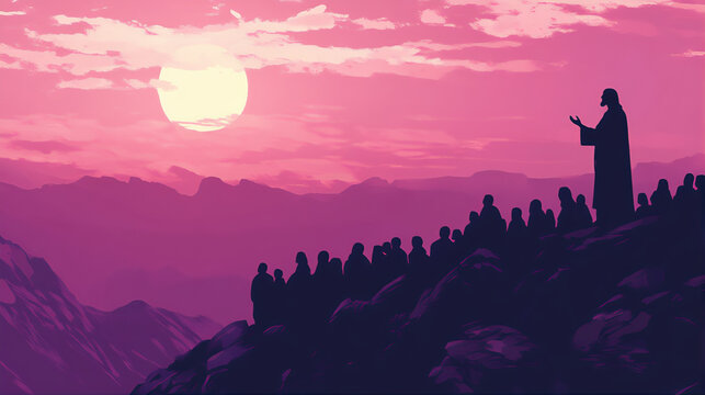 Silhouette of Jesus sermon on the mount. Gospel account of Jesus Christ preaching and teaching the goodnews of God's kingdom to the crowd to gain salvation 