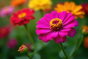 Obraz premium Brightly colored Zinnia flowers blooming in a garden, petals, flower