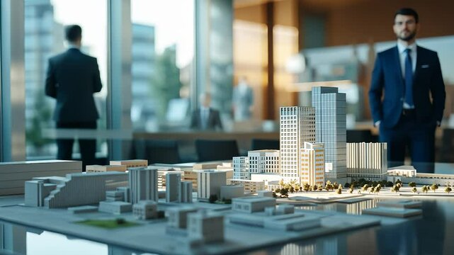 Man in suit is looking at model of city. Block of flats and buildings are being constructed in the construction of new business. Businessman studies the architecture of a building office. Lifestyle.