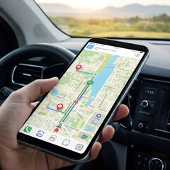 Driver using gps navigation app on smartphone in car