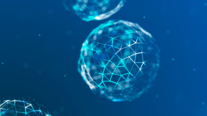 Abstract 3D illustration with cells of viruses, bacteria on dark background. Background with dots and lines. 3D