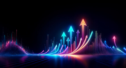 Vibrant neon arrows ascend against a dark background, illuminated with blue, pink, and orange hues.  They represent forward motion, growth, and positive trends, creating a dynamic and energetic visual