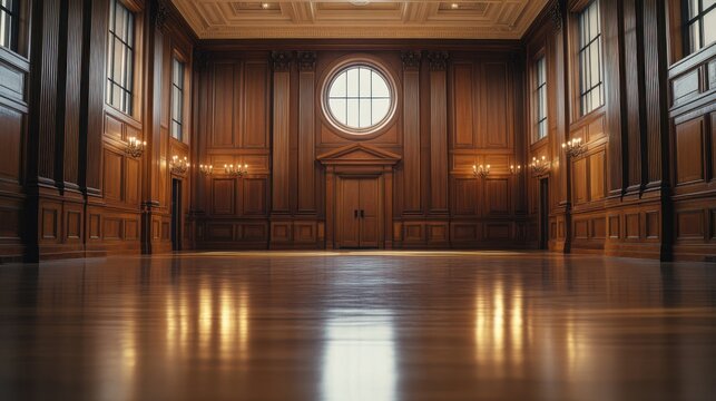A legislative hall with rich wood paneling and polished floors. Featuring tradition and formality
