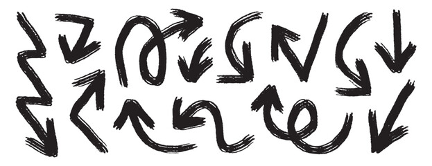 bold brush arrows set. marker hand drawn arrows collection, doodle thick arrows different directions.