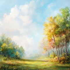 Fototapeta premium Serene autumn landscape, painted trees, sunlit field.