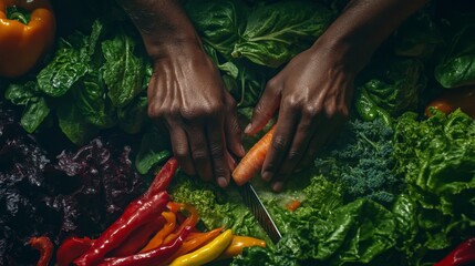 Fresh vegetables on a cutting board. Colorful peppers and greens surround hands chopping carrots. Embrace healthy eating with these vibrant ingredients. Generative AI.