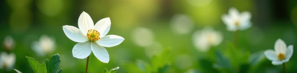 Delicate white petals of woodland anemone unfold, wildflowers, flowers, nature