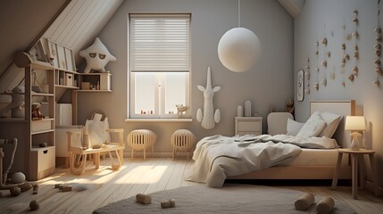 Fototapeta premium Minimalist and clutter free bedroom design that promotes healthy sleep habits and overall well being for children The space features natural light calming colors