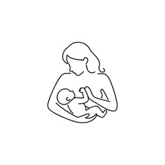 An illustration in black and white showing a mother and infant breastfeeding  The mother is comfortable holding the infant while the infant is latched deeply with an extended chin.