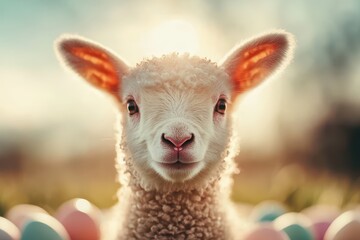Obraz premium Cute lamb surrounded by pastel Easter eggs during springtime celebration with family outdoors