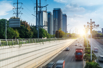 group of cars on the street road at shanghai china.