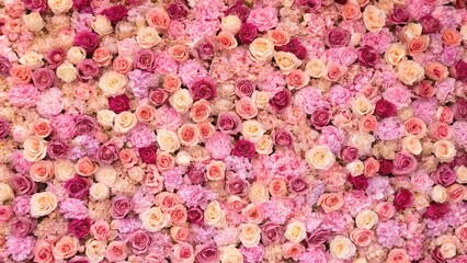 Many various pink, red, and white flowers. Abstract pattern backgrounds. flowers wall background with amazing roses