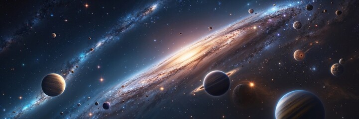 A vast galaxy stretches across the cosmos, adorned with colorful planets and radiant stars.