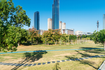 city park with modern building background in shanghai