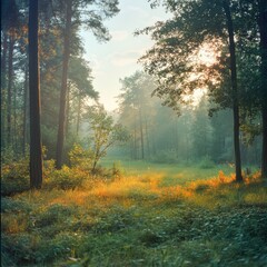 Obraz premium Serene sunrise forest clearing.