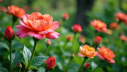 Full bloom in garden among other flowers and leaves, foliage, stems, flowers