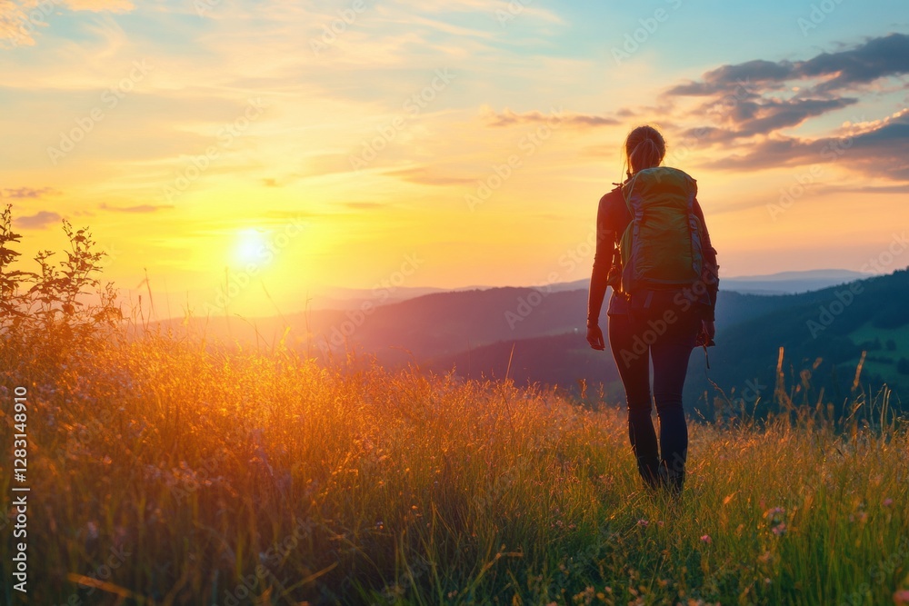 Poster Hiker enjoys sunset view over mountains while exploring nature in evening light. Generative AI