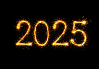New Year 2025 in Sparkler Light on Black Background &ndash; Glowing Fireworks Numerals