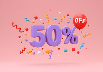 50% Discount in 3D Purple Text with Confetti and Balloon on Pink Background &ndash; Special Offer Sale Banner