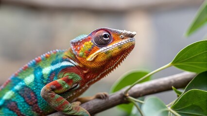 Fototapeta premium Rainbow Chameleon Portrait: Captivating close-up of a chameleon perched on a branch, displaying vibrant hues, blending seamlessly with its leafy surroundings, reflecting adaptability and wonder.
