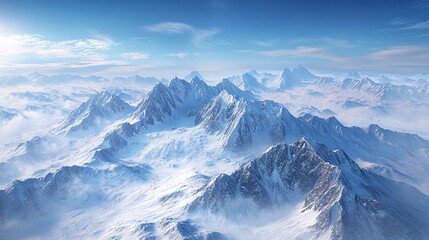 panoramic aerial view of a stunning winter mountain landscape with towering snow covered peaks rocky cliffs and a bright cold environment for adventure