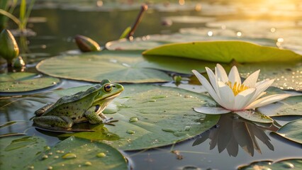 Frog and Water Lily: A serene scene of a frog perched on a lily pad alongside a pristine water lily in full bloom, amidst a calm pond, illuminated by soft sunlight. 