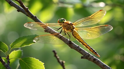 Golden Dragonfly on Branch: Capturing the intricate details of a golden dragonfly perched gracefully on a slender branch, showcasing its delicate wings and vibrant colors.