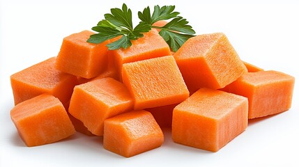 Vibrant Orange Jelly Candy Cubes Garnished with Fresh Parsley Sprig on White Background