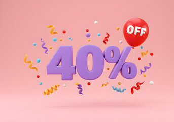 40% Discount in 3D Purple Text with Confetti and Balloon on Pink Background &ndash; Special Offer Sale Banner