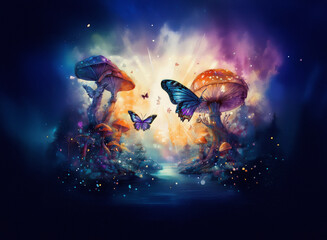Fototapeta premium Whimsical mushrooms and butterflies flutter in a dreamy scene with a vibrant, colorful background. A magical and enchanting atmosphere is created.