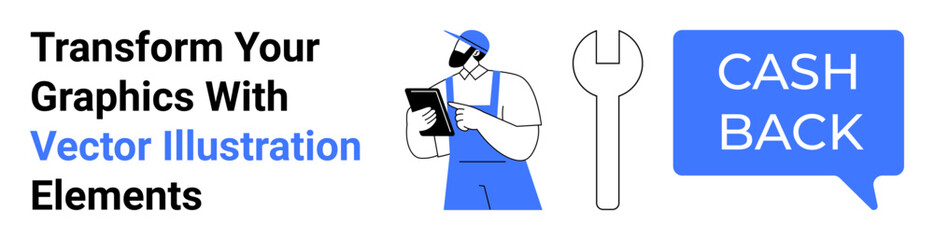 Mechanic in blue overalls holding tablet, large wrench icon, cashback speech bubble. Ideal for service promotions, loyalty programs, maintenance offers, repair services, customer rewards, automotive