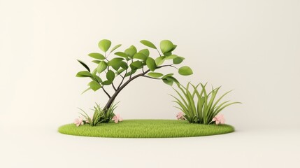 Obraz premium Glossy Dark Green Leaves of Snowbombam Cherry Laurel Tree with Grass and Flowers on a Minimalist Background