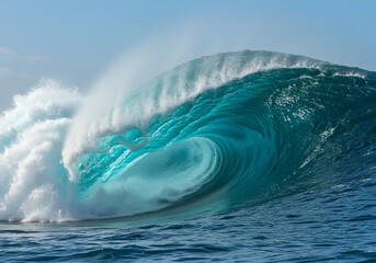 Powerful Ocean Wave Curling with White Sea Spray in Blue Waters